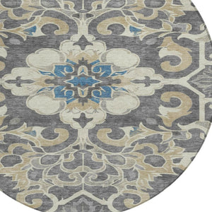 HomeRoots 5' Elegant Beige and Charcoal Damask Area Rug for Indoor and Outdoor Use, Machine Washable Design 8' Round 626873