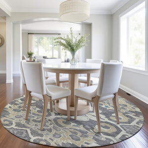 HomeRoots 5' Elegant Beige and Charcoal Damask Area Rug for Indoor and Outdoor Use, Machine Washable Design 8' Round 626873