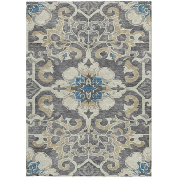 HomeRoots 5' Elegant Beige and Charcoal Damask Area Rug for Indoor and Outdoor Use, Machine Washable Design 8' X 10' 626874