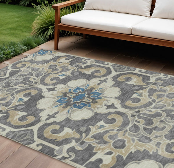 HomeRoots 5' Elegant Beige and Charcoal Damask Area Rug for Indoor and Outdoor Use, Machine Washable Design 8' X 10' 626874