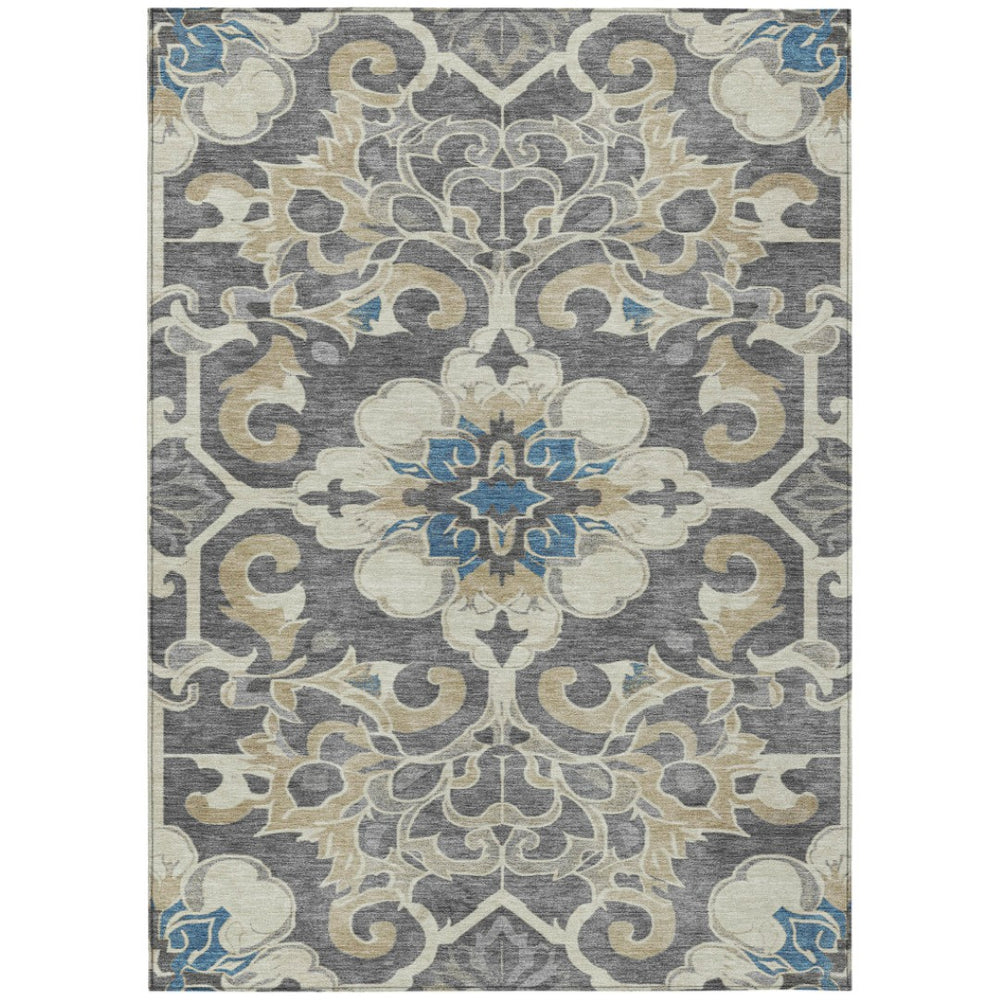 HomeRoots 5' Elegant Beige and Charcoal Damask Area Rug for Indoor and Outdoor Use, Machine Washable Design 8' X 10' 626874