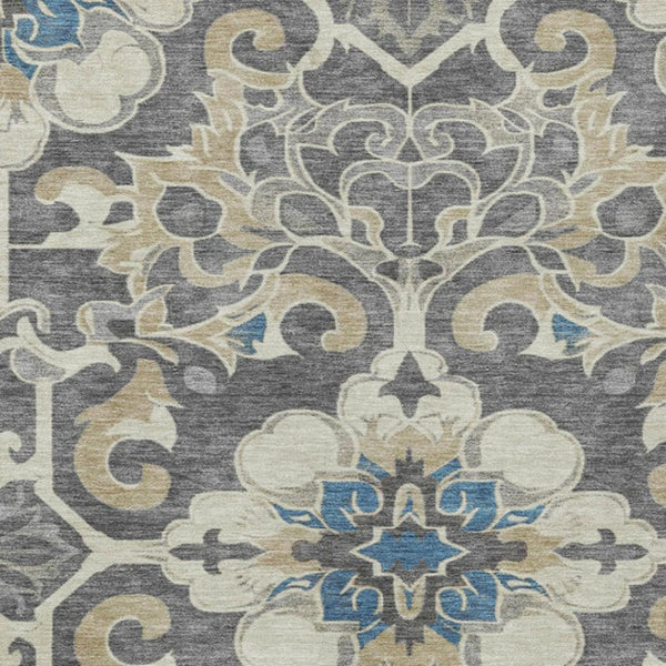 HomeRoots 5' Elegant Beige and Charcoal Damask Area Rug for Indoor and Outdoor Use, Machine Washable Design 8' X 10' 626874