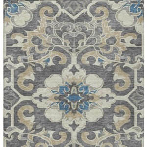HomeRoots 5' Elegant Beige and Charcoal Damask Area Rug for Indoor and Outdoor Use, Machine Washable Design 9' X 12' 626875