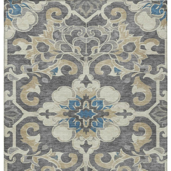 HomeRoots 5' Elegant Beige and Charcoal Damask Area Rug for Indoor and Outdoor Use, Machine Washable Design 9' X 12' 626875
