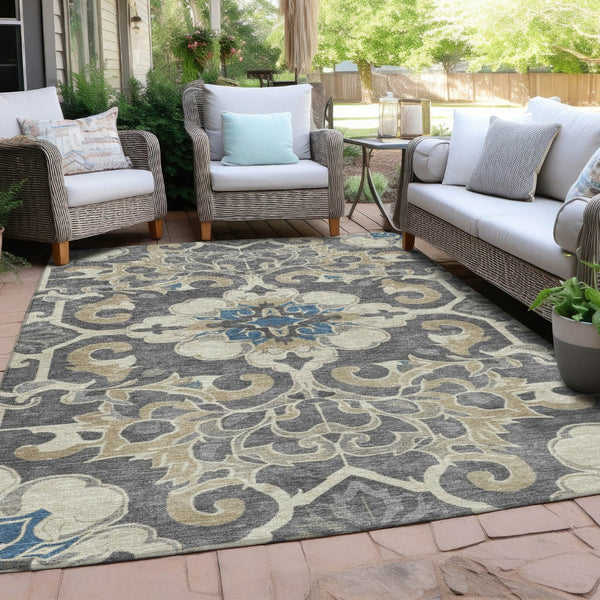 HomeRoots 5' Elegant Beige and Charcoal Damask Area Rug for Indoor and Outdoor Use, Machine Washable Design 9' X 12' 626875