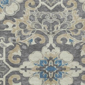 HomeRoots 5' Elegant Beige and Charcoal Damask Area Rug for Indoor and Outdoor Use, Machine Washable Design 9' X 12' 626875
