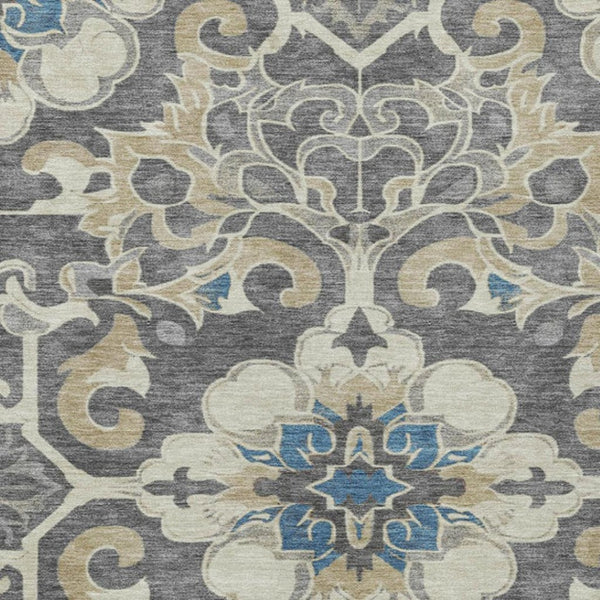 HomeRoots 5' Elegant Beige and Charcoal Damask Area Rug for Indoor and Outdoor Use, Machine Washable Design 9' X 12' 626875