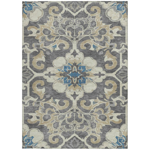 HomeRoots 5' Elegant Beige and Charcoal Damask Area Rug for Indoor and Outdoor Use, Machine Washable Design 10' X 14' 626876