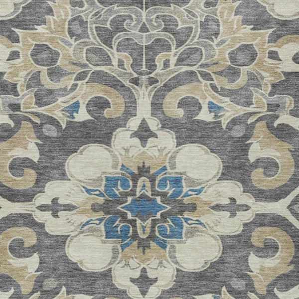 HomeRoots 5' Elegant Beige and Charcoal Damask Area Rug for Indoor and Outdoor Use, Machine Washable Design 10' X 14' 626876