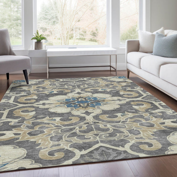 HomeRoots 5' Elegant Beige and Charcoal Damask Area Rug for Indoor and Outdoor Use, Machine Washable Design 10' X 14' 626876