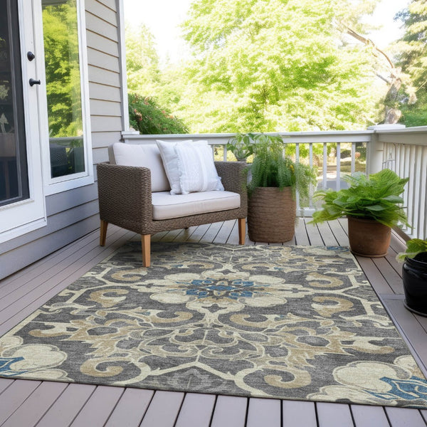 HomeRoots 5' Elegant Beige and Charcoal Damask Area Rug for Indoor and Outdoor Use, Machine Washable Design 10' X 14' 626876