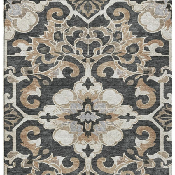 HomeRoots 5' Charcoal and Taupe Damask Area Rug - Stylish, Washable, Durable for Indoor and Outdoor Spaces 5' X 8' 626878