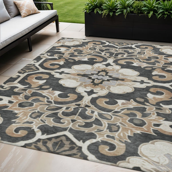 HomeRoots 5' Charcoal and Taupe Damask Area Rug - Stylish, Washable, Durable for Indoor and Outdoor Spaces 5' X 8' 626878