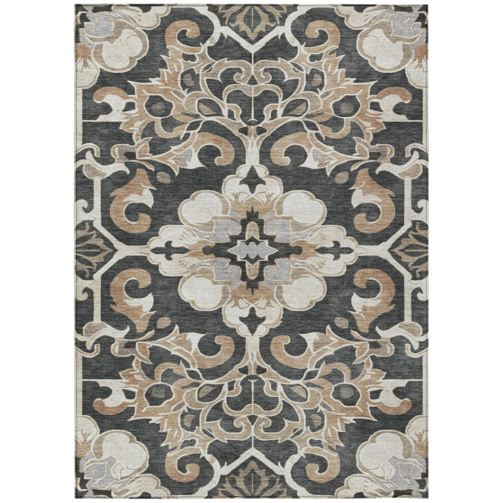 HomeRoots 5' Charcoal and Taupe Damask Area Rug - Stylish, Washable, Durable for Indoor and Outdoor Spaces 5' X 8' 626878