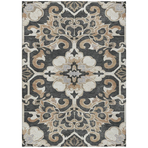 HomeRoots 5' Charcoal and Taupe Damask Area Rug - Stylish, Washable, Durable for Indoor and Outdoor Spaces 5' X 8' 626878