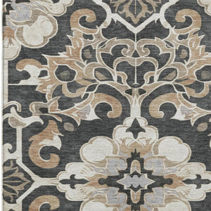 HomeRoots 5' Charcoal and Taupe Damask Area Rug - Stylish, Washable, Durable for Indoor and Outdoor Spaces 5' X 8' 626878