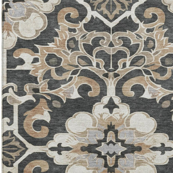 HomeRoots 5' Charcoal and Taupe Damask Area Rug - Stylish, Washable, Durable for Indoor and Outdoor Spaces 5' X 8' 626878