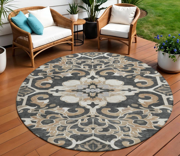 HomeRoots 5' Charcoal and Taupe Damask Area Rug - Stylish, Washable, Durable for Indoor and Outdoor Spaces 8' Round 626879