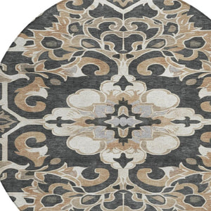 HomeRoots 5' Charcoal and Taupe Damask Area Rug - Stylish, Washable, Durable for Indoor and Outdoor Spaces 8' Round 626879