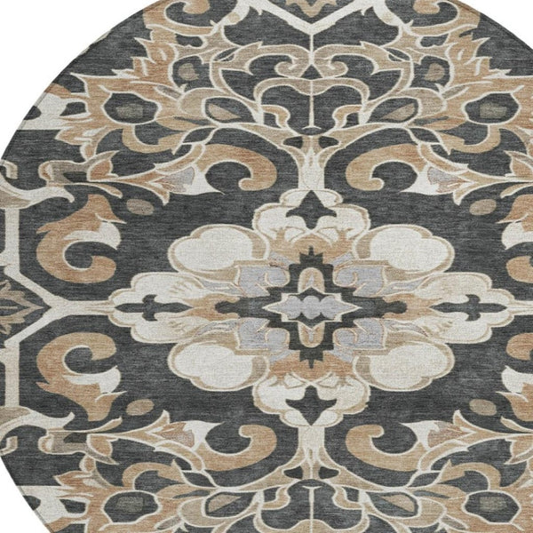 HomeRoots 5' Charcoal and Taupe Damask Area Rug - Stylish, Washable, Durable for Indoor and Outdoor Spaces 8' Round 626879