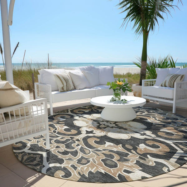 HomeRoots 5' Charcoal and Taupe Damask Area Rug - Stylish, Washable, Durable for Indoor and Outdoor Spaces 8' Round 626879