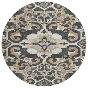 HomeRoots 5' Charcoal and Taupe Damask Area Rug - Stylish, Washable, Durable for Indoor and Outdoor Spaces 8' Round 626879
