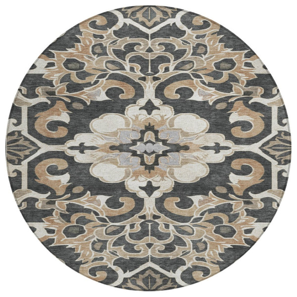 HomeRoots 5' Charcoal and Taupe Damask Area Rug - Stylish, Washable, Durable for Indoor and Outdoor Spaces 8' Round 626879