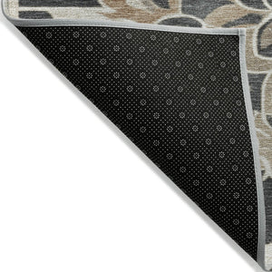 HomeRoots 5' Charcoal and Taupe Damask Area Rug - Stylish, Washable, Durable for Indoor and Outdoor Spaces 8' Round 626879