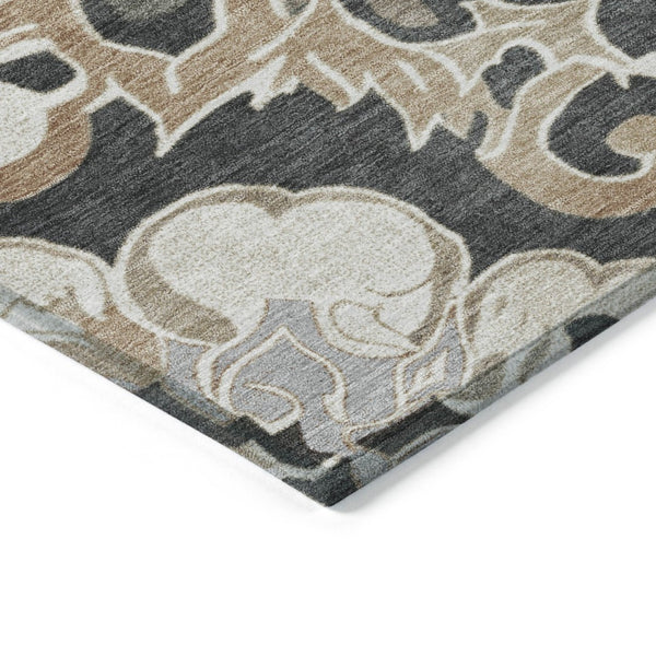 HomeRoots 5' Charcoal and Taupe Damask Area Rug - Stylish, Washable, Durable for Indoor and Outdoor Spaces 8' Round 626879