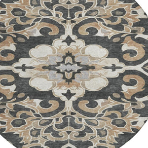 HomeRoots 5' Charcoal and Taupe Damask Area Rug - Stylish, Washable, Durable for Indoor and Outdoor Spaces 8' Round 626879