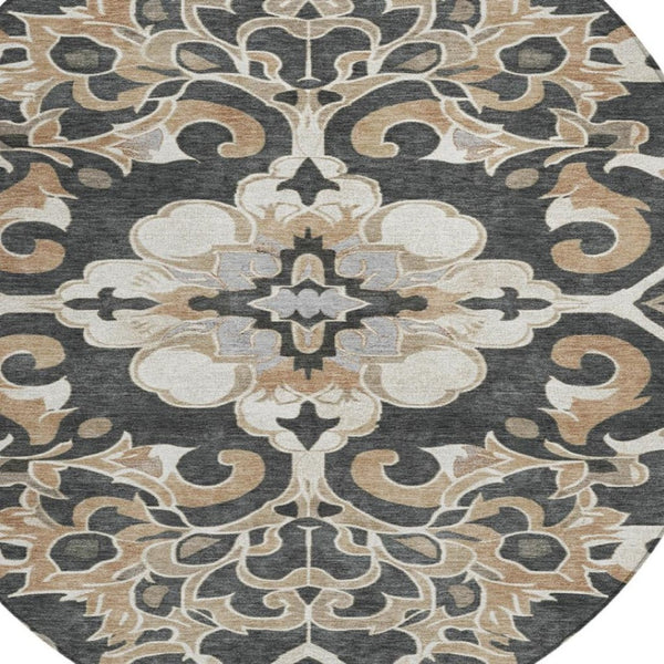 HomeRoots 5' Charcoal and Taupe Damask Area Rug - Stylish, Washable, Durable for Indoor and Outdoor Spaces 8' Round 626879