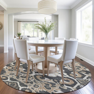 HomeRoots 5' Charcoal and Taupe Damask Area Rug - Stylish, Washable, Durable for Indoor and Outdoor Spaces 8' Round 626879