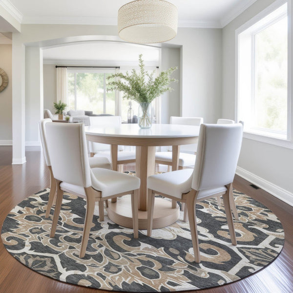 HomeRoots 5' Charcoal and Taupe Damask Area Rug - Stylish, Washable, Durable for Indoor and Outdoor Spaces 8' Round 626879