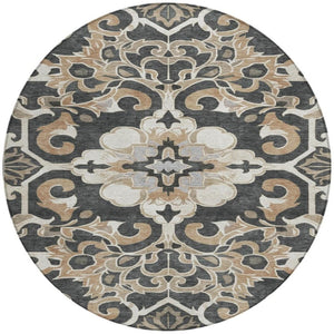HomeRoots 5' Charcoal and Taupe Damask Area Rug - Stylish, Washable, Durable for Indoor and Outdoor Spaces 8' Round 626879