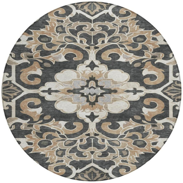 HomeRoots 5' Charcoal and Taupe Damask Area Rug - Stylish, Washable, Durable for Indoor and Outdoor Spaces 8' Round 626879