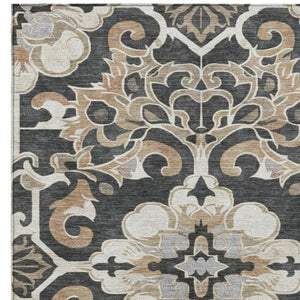 HomeRoots 5' Charcoal and Taupe Damask Area Rug - Stylish, Washable, Durable for Indoor and Outdoor Spaces 8' X 10' 626880