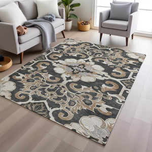 HomeRoots 5' Charcoal and Taupe Damask Area Rug - Stylish, Washable, Durable for Indoor and Outdoor Spaces 8' X 10' 626880
