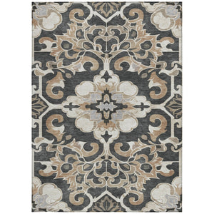 HomeRoots 5' Charcoal and Taupe Damask Area Rug - Stylish, Washable, Durable for Indoor and Outdoor Spaces 9' X 12' 626881