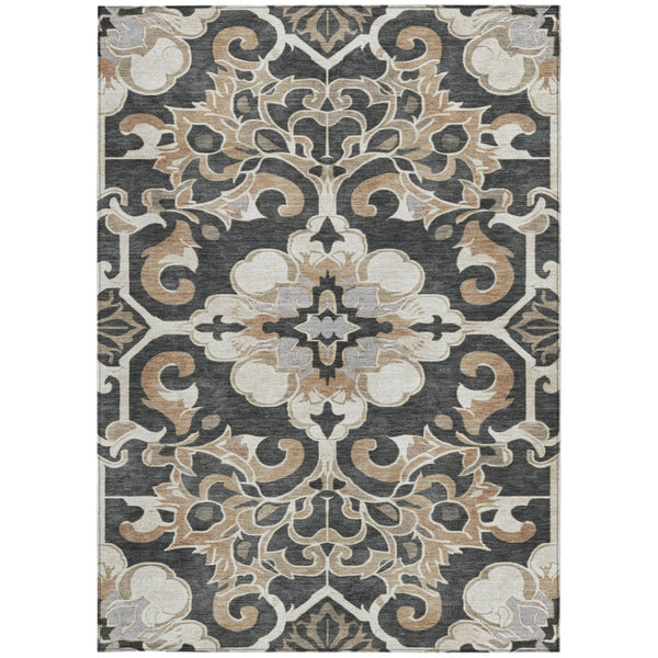 HomeRoots 5' Charcoal and Taupe Damask Area Rug - Stylish, Washable, Durable for Indoor and Outdoor Spaces 9' X 12' 626881