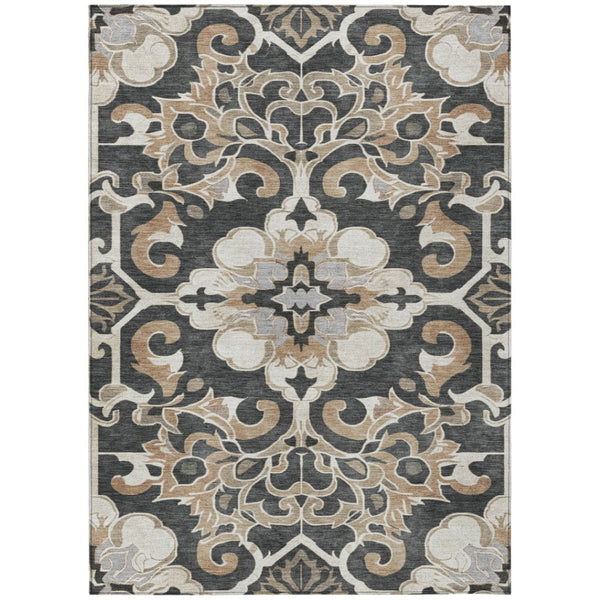 HomeRoots 5' Charcoal and Taupe Damask Area Rug - Stylish, Washable, Durable for Indoor and Outdoor Spaces 9' X 12' 626881