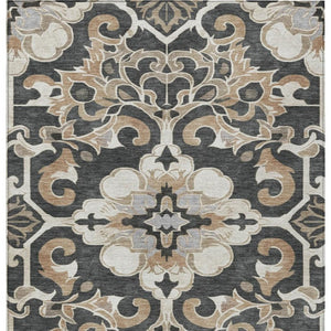 HomeRoots 5' Charcoal and Taupe Damask Area Rug - Stylish, Washable, Durable for Indoor and Outdoor Spaces 10' X 14' 626882