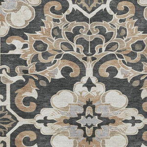 HomeRoots 5' Charcoal and Taupe Damask Area Rug - Stylish, Washable, Durable for Indoor and Outdoor Spaces 10' X 14' 626882