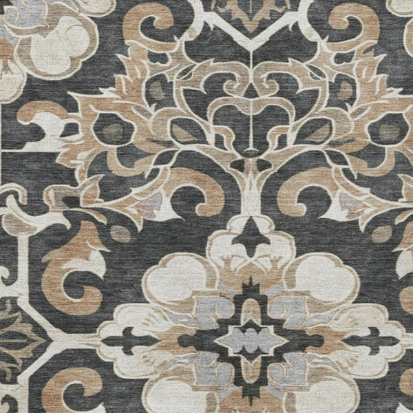 HomeRoots 5' Charcoal and Taupe Damask Area Rug - Stylish, Washable, Durable for Indoor and Outdoor Spaces 10' X 14' 626882
