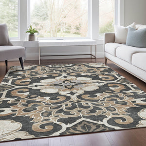 HomeRoots 5' Charcoal and Taupe Damask Area Rug - Stylish, Washable, Durable for Indoor and Outdoor Spaces 10' X 14' 626882