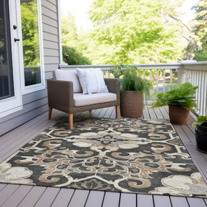 HomeRoots 5' Charcoal and Taupe Damask Area Rug - Stylish, Washable, Durable for Indoor and Outdoor Spaces 10' X 14' 626882
