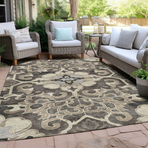 HomeRoots 5' Chocolate and Taupe Damask Area Rug - Elegant, Durable, Machine Washable for Indoor & Outdoor Use 5' X 8' 626884