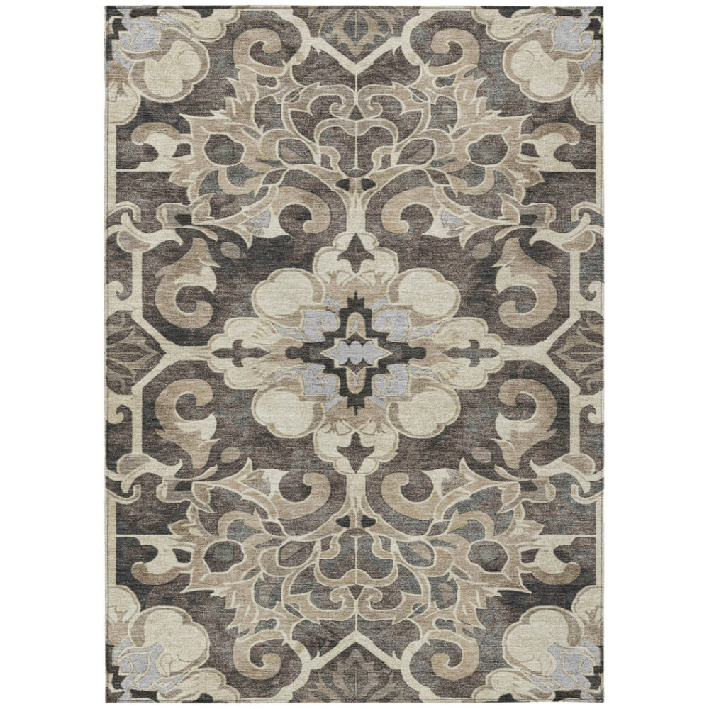 HomeRoots 5' Chocolate and Taupe Damask Area Rug - Elegant, Durable, Machine Washable for Indoor & Outdoor Use 5' X 8' 626884