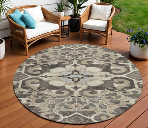 HomeRoots 5' Chocolate and Taupe Damask Area Rug - Elegant, Durable, Machine Washable for Indoor & Outdoor Use 8' Round 626885