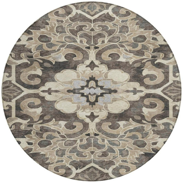 HomeRoots 5' Chocolate and Taupe Damask Area Rug - Elegant, Durable, Machine Washable for Indoor & Outdoor Use 8' Round 626885