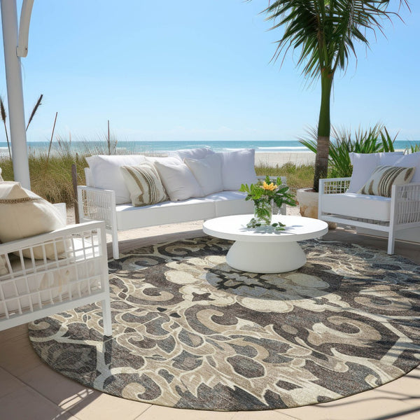 HomeRoots 5' Chocolate and Taupe Damask Area Rug - Elegant, Durable, Machine Washable for Indoor & Outdoor Use 8' Round 626885